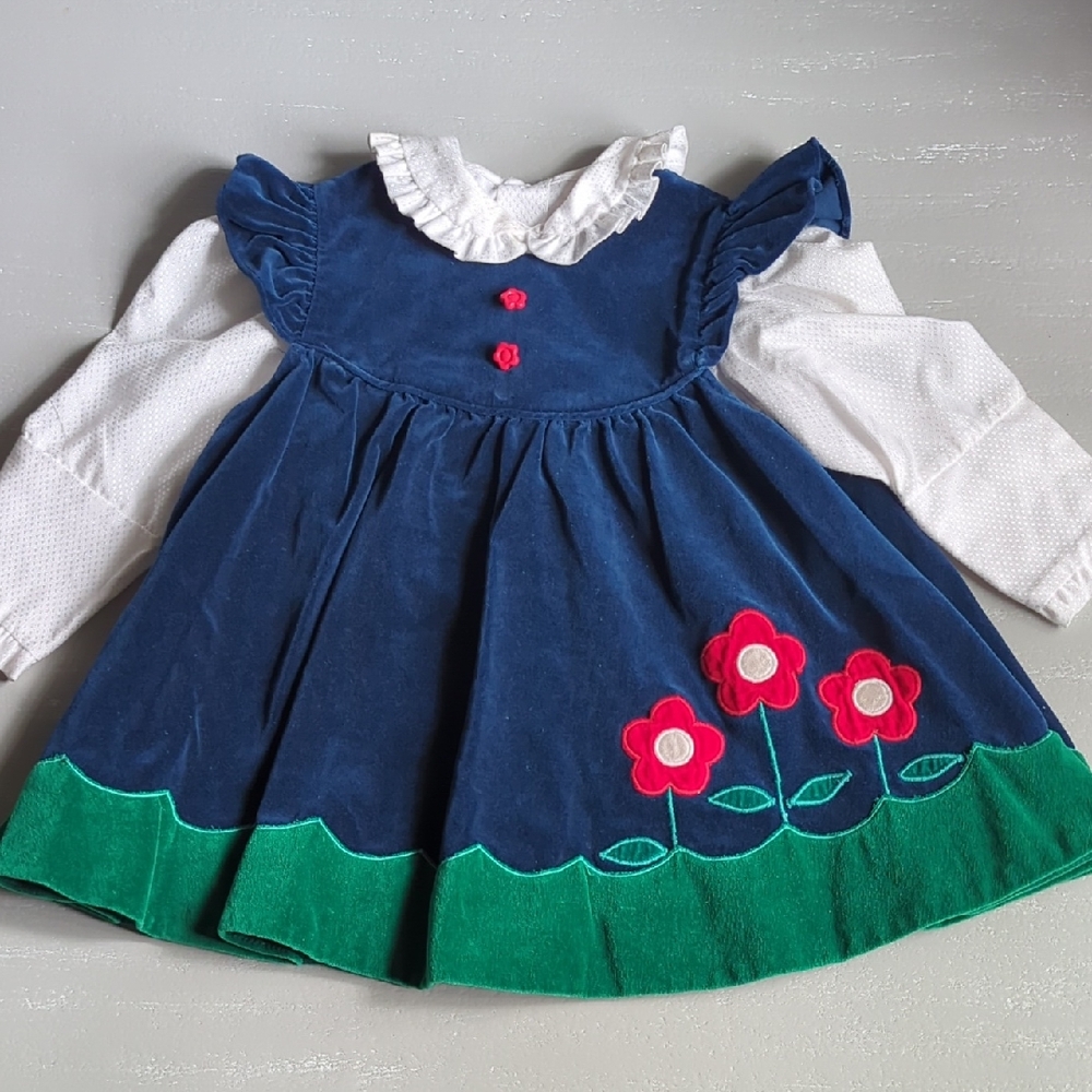 Blue Velvet Dress with‎ Flowers Size 2T